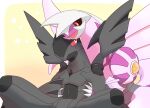  :d black_sclera claws colored_sclera fangs highres hug hug_from_behind no_humans nohohonrinrin palkia pokemon pokemon_(creature) red_sclera shoulder_pads smile wings yellow_background zekrom 