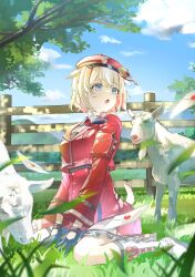  1girl animal_ears black_gloves blonde_hair blue_eyes colored_inner_hair commentary envelope gloves goat goat_ears goat_girl hat hat_bell highres hololive jacket jw_2140 medium_hair multicolored_hair open_mouth outdoors red_hat red_jacket sitting solo suzuna_tsuzuri untranslatable_commentary virtual_youtuber wariza white_hair wind 