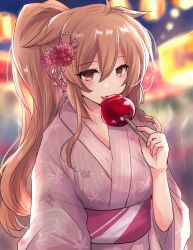  1girl absurdres ahoge alternate_costume alternate_hairstyle candy_apple commentary_request festival food hair_flaps highres hirune_(konekonelkk) japanese_clothes kantai_collection kimono murasame_(kancolle) murasame_kai_ni_(kancolle) pink_kimono ponytail solo upper_body yukata 
