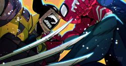  2boys animal_print battle beard blue_bodysuit bodysuit claw_(weapon) facial_hair highres male_focus marvel mask multicolored_bodysuit multiple_boys nodowdy print_bodysuit red_mask spider-man spider_print spider_web_print superhero_costume taut_bodysuit taut_clothes two-tone_bodysuit vs weapon wolverine_(x-men) x-men 