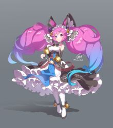  1girl bell big_hair black_bow black_shoes blue_hair bow breasts cleo_(dragalia_lost) commentary_request detached_sleeves dragalia_lost dress drill_hair frilled_dress frills gradient_hair grey_background hair_bell hair_ornament highres holding holding_wand kuroiro_otento long_hair looking_at_viewer medium_breasts multicolored_hair pantyhose pink_eyes pink_hair purple_hair shadow shoes signature solo standing strapless strapless_dress twin_drills twintails twitter_username very_long_hair wand white_dress white_pantyhose 