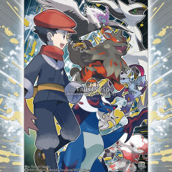 1boy absurdres arceus artist_name bag black_eyes black_hair blue_eyes blue_pants blue_shirt claws closed_mouth colored_sclera commentary company_name copyright_notice english_commentary fangs fanny_pack from_side galaxy_team_survey_corps_uniform green_sclera hat highres hisuian_arcanine hisuian_braviary hisuian_poke_ball hisuian_samurott hisuian_zoroark holding holding_poke_ball holding_weapon long_sleeves male_focus merchandise_available official_style open_mouth outline pants poke_ball pokemon pokemon_(creature) pokemon_legends:_arceus pokemon_team red_eyes red_hat red_scarf rei_(pokemon) scarf shirt short_hair smile sneasler teeth tom_higgins upper_teeth_only very_short_hair watermark weapon white_outline yellow_bag 