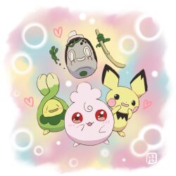  bud budew commentary_request heart highres igglybuff moshi2hitomoshi no_humans open_mouth pichu pokemon pokemon_(creature) pokemon_focus poltchageist red_eyes white_eyes 