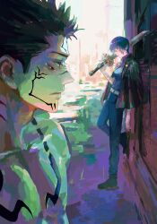  1boy 1girl absurdres belt black_hair closed_mouth extra_eyes facial_tattoo glasses grey_hair highres holding holding_sword holding_weapon jujutsu_kaisen multiple_scars mymzi pectorals red_eyes round_eyewear ryoumen_sukuna_(jujutsu_kaisen) ryoumen_sukuna_(second_possession)_(jujutsu_kaisen) scar scar_on_face scars_all_over sword tattoo weapon white_belt yellow_eyes 
