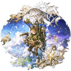  1boy aircraft animal_ears arknights arm_pouch backpack bag bird black_shirt book boots brown_bag brown_boots brown_eyes brown_gloves brown_hair brown_pants brown_vest canteen clouds cloudy_sky compass compass_rose crescent_moon day dog_boy dog_ears dog_tail english_text floppy_ears flying full_body glasses gloves green_jacket greyy_(arknights) greyy_the_lightningbearer_(arknights) greyy_the_lightningbearer_(fowlbeast's-eye_view)_(arknights) hair_between_eyes highres holding holding_telescope hood hood_down hooded_jacket hot_air_balloon jacket kerosene_lamp lake landscape lower_teeth_only map moon mountain official_alternate_costume official_art open_clothes open_jacket open_mouth outdoors pants river rope round_eyewear scorpion5050 seagull ship's_wheel shirt short_hair sky sleeping_bag smile socks solo spyglass sun tachi-e tail teeth telescope third-party_source transparent_background turtleneck turtleneck_shirt vest white_socks 