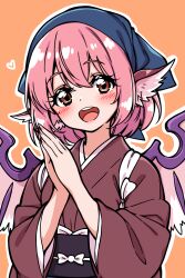  1girl :d animal_ears bird_ears bird_wings black_sash blue_headscarf blush bow brown_eyes brown_kimono chirisazame1 commentary_request dot_nose eyelashes hair_between_eyes hands_up headscarf heart highres japanese_clothes kimono looking_at_viewer mystia_lorelei obi okamisty open_mouth orange_background outline own_hands_clasped own_hands_together pink_hair sash short_hair simple_background smile solo split_mouth tasuki teeth touhou touhou_mystia's_izakaya upper_body upper_teeth_only white_bow white_outline wings 