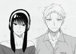  1boy 1girl bare_shoulders blush closed_mouth collarbone collared_shirt commentary_request grey_background greyscale hairband highres looking_at_viewer moduk2222 monochrome portrait shirt short_hair short_hair_with_long_locks smile spy_x_family twilight_(spy_x_family) yor_briar 