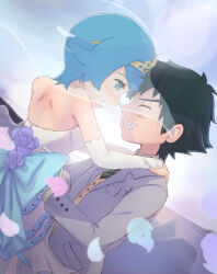  1boy 1girl alternate_costume ash_ketchum backless_dress backless_outfit black_hair blue_eyes blue_hair bridal_gauntlets bridal_veil closed_eyes commentary_request dress falling_petals flower fuhikari gold_tiara grin hetero jewelry lana_(pokemon) lifting_person missing_headwear necklace necktie nontraditional_wedding_dress pearl_necklace petals pokemon pokemon_(anime) pokemon_the_series:_sun_&amp;_moon smile spiky_hair veil wedding_dress wedding_suit 