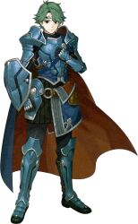  1boy alm_(fire_emblem) arm_armor armor blue_armor blue_cape cape clenched_hand fire_emblem fire_emblem_echoes:_shadows_of_valentia full_body green_eyes green_hair hidari_(left_side) highres leg_armor looking_at_viewer official_art shield short_hair shoulder_armor smile solo transparent_background 