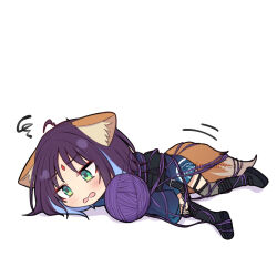  1girl ahoge animal_ears blue_kimono chibi cho_kaguya-hime! forehead_jewel fox_ears fox_girl fox_tail green_eyes japanese_clothes kimono medium_hair naoto_(96neko96) open_mouth purple_hair sakayori_iroha sakayori_iroha_(tsukuyomi) simple_background solo squiggle stuck tail white_background yarn yarn_ball 