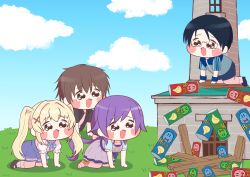  2boys 2girls absurdres all_fours black_hair black_shirt black_shoes blonde_hair blue_dress blue_jacket blue_sky blush_stickers bow brown_hair chibi chibi_only clouds collared_shirt commentary_request day dress full_body furrowed_brow glasses hair_between_eyes hair_bow hair_intakes hair_ornament highres jacket kanou_tenzen lighthouse long_hair looking_at_object low_ponytail mary_janes meme mizuori_shizuku monndarian multiple_boys multiple_girls on_ground open_clothes open_mouth open_shirt outdoors plank ponytail pringles_can puffy_short_sleeves puffy_sleeves purple_hair sandals semi-rimless_eyewear shirt shoes short_hair short_sleeves sidelocks sky socks speakiposting_(meme) summer_pockets swept_bangs takahara_hairi tearing_up track_jacket tsumugi_wenders twintails very_long_hair wavy_eyes white_bow white_shirt white_socks x_hair_ornament |_| 
