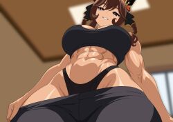  1girl abs absurdres animal_ears black_buruma black_leggings black_sports_bra braid braided_hair_rings breasts brown_hair buruma commentary ear_covers ear_ornament from_below gentildonna_(umamusume) hair_between_eyes hair_ornament hair_rings heart-shaped_ornament heart_ear_ornament highres horse_ears horse_girl large_breasts leggings long_hair looking_at_viewer looking_down muscular muscular_female navel nigo165852 open_mouth red_eyes smile solo sports_bra stomach umamusume untranslatable_commentary 