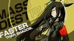  1girl ahoge animal_ears armband black_choker black_gloves black_hair black_jacket choker collared_shirt commentary_request ear_tag earrings gloves hair_between_eyes highres horse_ears horse_girl jacket jewelry lobsteranian long_bangs long_hair long_hair_between_eyes long_sleeves looking_at_viewer manhattan_cafe_(umamusume) multicolored_hair open_clothes open_jacket persona persona_3 persona_3_reload red_armband shirt single_earring solo umamusume white_hair white_shirt yellow_eyes 