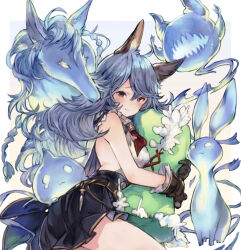  animal_ears backless_dress backless_outfit bare_back blue_hair blue_skirt blush brown_eyes commentary_request dress erune ferry_(granblue_fantasy) frilled_gloves frills ghost gloves granblue_fantasy kemomin_nosuke rabbit_ears shirt sideless_outfit skirt wavy_hair white_shirt 
