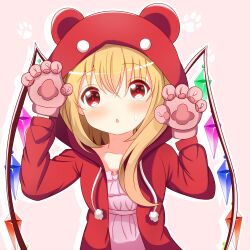  1girl alternate_costume animal_hands animal_hood bear_hood blonde_hair blush commentary crystal crystal_wings dress flandre_scarlet gloves highres hood hood_up hoodie long_hair long_sleeves looking_at_viewer multicolored_wings paw_gloves pink_background pink_dress pink_gloves red_eyes red_hoodie samoflower simple_background solo sweatdrop touhou wings 