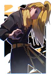  1boy aoi3ckmoon asymmetrical_bangs belt_ribbon black_eyeliner black_pants black_shirt blonde_hair blue_eyes chain closed_mouth deidara_(naruto) extra_mouth eyeliner hair_over_one_eye high_ponytail highres japanese_clothes long_hair looking_at_viewer makeup male_focus naruto_(series) naruto_shippuuden official_alternate_costume pants ponytail ribbon scarf shirt smile solo yellow_ribbon yellow_scarf 