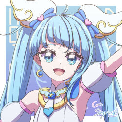  1girl :d absurdres ahoge arm_up asymmetrical_bangs blue_background blue_bow blue_cape blue_eyes blue_hair blue_theme border bow brooch cape character_name commentary cure_sky cut_bangs detached_sleeves diagonal_bangs dress earrings english_text hair_bow hair_ornament highres hirogaru_sky!_precure jewelry long_hair looking_at_viewer magical_girl open_mouth outside_border precure puffy_detached_sleeves puffy_sleeves single_bare_shoulder single_earring single_sidelock sleeveless sleeveless_dress smile solo sora_harewataru thereaakari twintails upper_body very_long_hair white_dress wing_brooch wing_hair_ornament 