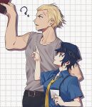  1boy 1girl ? blonde_hair blue_hair blue_headwear blue_shirt breasts collared_shirt ear_piercing elulit2 from_side grey_shirt hat holding large_breasts necktie nose_piercing open_mouth pants parted_lips persona persona_4 piercing scar scar_on_face scar_on_forehead shirogane_naoto shirt short_hair suspenders tatsumi_kanji yellow_necktie 