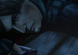  1boy bags_under_eyes brown_hair close-up commentary dark english_commentary fingerless_gloves gloves gun handgun holding holding_gun holding_weapon k4lmiiaa leon_s._kennedy looking_at_viewer male_focus resident_evil resident_evil_2 short_hair solo upper_body weapon 