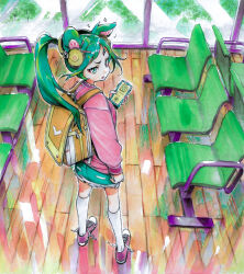  1girl 2025 absurdres animal_ears annoyed arm_at_side artist_name backpack bag cellphone chair colored_inner_animal_ears commentary converse dot_nose eudetenis eyeliner from_above from_behind frown green_eyes green_hair green_skirt hair_ornament hairclip headphones high_ponytail highres holding holding_phone indoors jacket kneehighs long_hair looking_at_viewer looking_back makeup musical_note open_mouth original phone pink_eyeliner pink_jacket pink_nails pink_shoes ponytail shoes skirt smartphone socks standing traditional_media untied_shoelaces white_socks window yellow_bag 