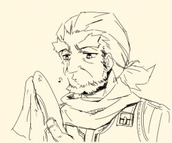  1boy antonio_(sekaiju) beard cleaning commentary_request facial_hair fingernails half-closed_eyes handkerchief holding holding_handkerchief large_nose low_ponytail male_focus monochrome motimamire musical_note neck_warmer parted_lips ponytail portrait sekaiju_no_meikyuu sekaiju_no_meikyuu_2 simple_background sketch solo thick_eyebrows whistling white_background 