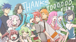  2boys 6+girls :3 :d a.i._voice absurdres adachi_rei ahoge aoyama_ryuusei aqua_hair aqua_necktie aqua_shirt bashauma_kaede black_choker black_hair black_shirt blue_bow blue_dress blue_eyes blue_hair blue_shirt blunt_bangs bow brown_hair choker closed_eyes collared_shirt commentary curtained_hair demakasena_symphony_(synthesizer_v) dot_pupils double-parted_bangs double_v dress drill_hair facial_hair frimomen_(voicepeak) goatee_stubble green_hair grey_hair grey_jacket grey_shirt hair_between_eyes hair_bow hair_ornament hair_tie hairclip hatsune_miku headlamp highres jacket kasane_teto kasane_teto_(sv) kotonoha_akane kotonoha_aoi long_hair long_sidelocks medium_hair milestone_celebration miyamai_moca multicolored_hair multiple_boys multiple_girls necktie o3o official_artist_extra one_eye_closed open_mouth orange_hair park parted_bangs pink_hair pinstripe_pattern pinstripe_vest ponytail radio_antenna red_bow red_dress red_eyes red_hair shikoku_metan shirt short_hair short_sleeves side_ponytail sidelocks smile spiky_hair striped_blush stubble synthesizer_v thank_you touhoku_kiritan twin_drills twintails two-tone_hair utau v vest vocaloid voicepeak voiceroid voicevox walking_in_line wavy_mouth white_bow white_dress white_jacket yellow_eyes zundamon 