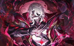 1boy bandage_over_one_eye bandaged_arm bandaged_chest bandages bandages_over_mouth cape collared_cape commentary_request energy fire gauntlets genshin_impact gold_trim hair_between_eyes hand_eye hand_up highres looking_at_viewer male_focus medium_hair mystical_high_collar one_eye_covered parted_bangs pectorals red_cape red_eyes red_fire rerir_(genshin_impact) sana5842 solo upper_body white_hair 