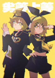 1girl backwards_hat baseball_cap black_bow black_choker black_jacket black_pants black_skirt blonde_hair bow chain choker closed_mouth cowboy_shot cropped_shirt double-parted_bangs egh_(ssquan) finger_gun finger_gun_to_own_head gold_chain hair_between_eyes hair_bow hair_ornament hair_through_headwear hairclip hand_on_own_hip hat highres jacket kagamine_len kagamine_rin long_sleeves looking_at_viewer miniskirt multiple_hairclips neckerchief open_clothes open_jacket own_hands_together pants rettou_joutou_(vocaloid) sailor_collar sailor_shirt shirt short_hair sidelocks skirt song_name vocaloid white_shirt yellow_background yellow_eyes yellow_neckerchief 