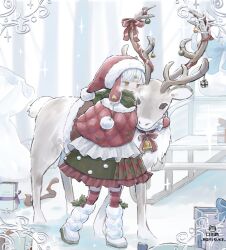  1girl 63suke artist_name bell blurry blurry_background blush boots box breath capelet christmas christmas_ornaments commentary_request dress frilled_dress frills full-body_tattoo fur-trimmed_capelet fur-trimmed_headwear fur_trim gift gift_box green_dress green_eyes green_scarf hair_ornament hairclip hat horn_ornament horn_ribbon horns long_sleeves mittens neck_bell neck_ribbon open_mouth original outdoors pom_pom_(clothes) quilted_capelet red_dress red_mittens red_ribbon red_thighhighs reindeer ribbon sack santa_costume santa_dress santa_hat scarf sled snow solo tattoo thigh-highs tree two-tone_dress watermark white_boots white_hair winter winter_clothes 