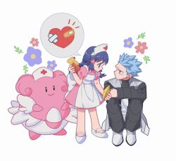  1boy 1girl absurdres apron bandages black_pants black_shirt blissey blue_eyes blue_hair clothed_pokemon commentary cross cyrus_(pokemon) deformed dress egg flower full_body grey_vest hair_ornament hat heart highres hikari_(pokemon) holding long_hair long_sleeves nurse nurse_cap pants pantyhose pink_dress pokemon pokemon_(creature) pokemon_diamond/pearl/platinum puffy_short_sleeves puffy_sleeves red_cross revive_(pokemon) shirt shoes short_hair short_sleeves simple_background sitting smile spoken_heart standing super_potion tearing_up tsun_(chun_55) untranslatable_commentary vest white_apron white_hat white_shoes 