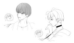  2boys basil_(wgh0anzdple3asf) choker collarbone commentary_request earrings fujishima_megumi fully_genderswapped_group genderswap genderswap_(ftm) highres holding holding_leash holding_own_leash jewelry korean_commentary leash love_live! love_live!_hasu_no_sora_jogakuin_school_idol_club male_focus multiple_boys otomune_kozue peking_duck_(love_live!) short_hair spoken_character stud_earrings stuffed_chicken towel towel_around_neck very_short_hair virtual_youtuber yugiri_tsuzuri 