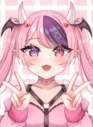  1girl ahoge choker commentary demon_girl demon_horns demon_wings english_commentary fangs hair_ornament head_wings heart heart_ahoge heart_hair_ornament heart_o-ring heart_ring_choker heterochromia highres horns ironmouse ironmouse_(15th_costume) lady_nikolette long_hair looking_at_viewer multicolored_hair multiple_wings o-ring o-ring_choker open_mouth pink_choker pink_eyes pink_hair pointy_ears purple_hair spiked_choker spikes streaked_hair twintails v violet_eyes virtual_youtuber vshojo white_horns wings 