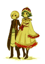  1boy 1girl black_coat blue_hair boots closed_mouth coat commentary_request frilled_robe frilled_sleeves frills grey_hair hat lab_coat looking_ahead medic_(sekaiju_4) medic_3_(sekaiju_4) official_alternate_color pants parted_bangs red_hat robe ruiko_(sad) rune_master_(sekaiju) rune_master_4_(sekaiju) sekaiju_no_meikyuu sekaiju_no_meikyuu_4 shoes short_hair simple_background smile standing standing_on_one_leg white_background white_robe wide_sleeves 