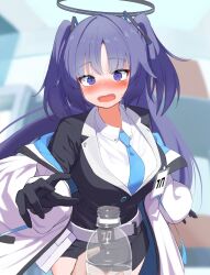  black_gloves black_halo blue_archive blue_necktie blush collared_shirt commentary_request gloves halo highres id_card mechanical_halo necktie open_mouth pcaccount13 purple_hair shirt violet_eyes white_shirt yuuka_(blue_archive) 