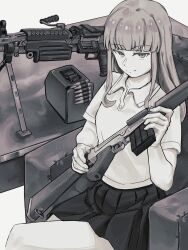  1girl ammunition_belt chair commentary english_commentary gun highres holding holding_gun holding_weapon light_machine_gun looking_at_viewer m249_saw machine_gun monochrome omiglop original polo_shirt short_sleeves sitting skirt smile solo submachine_gun thompson_submachine_gun weapon 