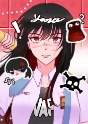  ! 1girl ? angry black_hair blue_eyes breasts chainsaw_man choppy_bangs cross_scar facing_viewer floating_hair highres jacket lips long_sidelocks mitaka_asa necktie_on_shoulder red_eyes ringed_eyes scar scar_on_cheek scar_on_face scar_on_nose siaaa31 sidelocks skull smile upper_body war_devil_(chainsaw_man) white_jacket wing_collar yoru_(chainsaw_man) 