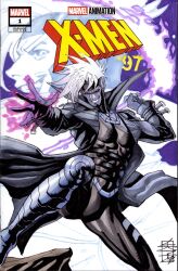  1boy acecore2k acrylic_paint_(medium) black_sclera coat colored_sclera colored_skin comic_cover cover cover_page cover_sketch covered_abs energy_scythe english_commentary floating_clothes gambit_(x-men) grey_skin grin highres holding holding_behind_back holding_weapon_behind_back looking_at_viewer male_focus marker_(medium) marvel muscular muscular_male painting_(medium) pen_(medium) reaching reaching_towards_viewer red_eyes scythe short_hair smile solo spiky_hair tight_clothes traditional_media trench_coat undead western_comics_(style) white_hair x-men x-men:_the_animated_series 