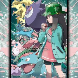  ._. 1girl absurdres aqua_eyes aqua_jacket artist_name bag black_shorts bright_pupils brown_eyes brown_hair closed_mouth commentary company_name copyright_notice ditto english_commentary fangs from_side gengar green_hat grey_bag grin hat highres holding holding_poke_ball jacket leaf leaf_(pokemon) leaf_(sygna_suit)_(pokemon) long_hair long_sleeves mega_pokemon mega_venusaur merchandise_available ninetales official_alternate_costume official_style open_clothes open_jacket open_mouth outline pink_shirt poke_ball poke_ball_(basic) pokemon pokemon_(creature) pokemon_masters_ex pokemon_team print_hat red_eyes shirt shorts smile teeth tom_higgins tongue vaporeon venusaur watermark white_outline white_pupils wigglytuff 