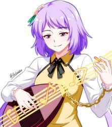  1girl absurdres biwa_lute black_ribbon chain closed_mouth commentary_request dress flower gold_chain hair_flower hair_ornament highres instrument long_hair long_sleeves lute_(instrument) musical_note neck_ribbon playing_instrument purple_hair ribbon shgngzhngdeyti1 simple_background smile solo touhou tsukumo_benben upper_body violet_eyes white_background yellow_dress 