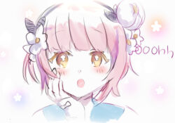  1girl black_hairband blush bow bud commentary_request floral_background flower hair_flower hair_ornament hairband hand_on_own_face looking_at_viewer magical_girl mahou_shoujo_ikusei_keikaku open_mouth pink_hair short_hair snow_white_(mahoiku) white_bow white_flower yunare 
