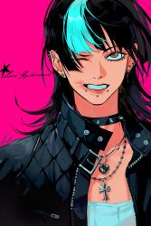  1boy absurdres androgynous black_hair chin_piercing choker commentary cross cross_necklace ear_piercing earrings english_text face_piercing green_streaks highres hoshi_kirara jacket jewelry jujutsu_kaisen labret_piercing leather leather_jacket lip_piercing male_focus medium_hair mouth_piercing multicolored_hair nadesiko97 necklace piercing pink_background portrait shirt snakebite_(piercing) solo spiked_choker spiked_ear_piercing spikes star_(symbol) star_earrings streaked_hair symbol-shaped_pupils trap white_shirt wolf_cut 