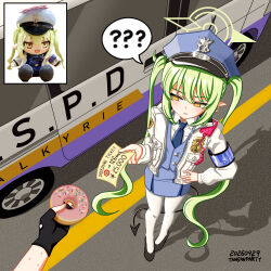  1girl 1other ? ?? absurdres artist_name black_gloves black_shoes blue_archive blue_hat blue_necktie blue_skirt blue_vest bribery car character_doll chocopuni collared_shirt commentary_request cosplay dated demon_girl demon_tail doll doughnut food from_above fubuki_(blue_archive) fubuki_(blue_archive)_(cosplay) gloves green_hair green_halo halo hand_on_own_hip hat highres holding holding_food jacket korean_commentary long_hair miniskirt motor_vehicle necktie nozomi_(blue_archive) open_clothes open_jacket pantyhose peaked_cap pleated_skirt pointy_ears police police_badge police_car police_hat police_uniform policewoman pov pov_hands reference_inset shirt shoes skirt spoken_question_mark stuffed_toy tail tansanparty twintails very_long_hair vest walkie-talkie white_jacket white_pantyhose white_shirt yellow_eyes 