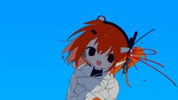  1girl a.i._voice adachi_rei blue_background cable cable_hair_ornament commentary headset highres holding holding_paper jacket long_sleeves looking_at_viewer one_side_up open_mouth orange_hair paper sakakiai smile solo untranslatable_commentary upper_body utau white_jacket 