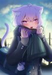  1girl absurdres ahoge animal_ear_fluff animal_ears black_jacket black_scarf blue_bag blue_sky blush cat_ears cat_girl cat_tail cellphone clouds highres holding holding_phone hololive jacket looking_at_viewer medium_hair nekomata_okayu open_mouth phone purple_hair scarf sky smartphone smile solo tail tkc_(user_snjd8547) violet_eyes virtual_youtuber 