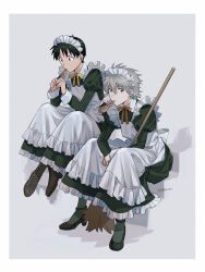  11kkr 2boys apron black_dress border broom commentary_request crossdressing crossdressing_(mtf) dress food frilled_apron frills grey_background hair_between_eyes highres holding holding_broom ikari_shinji maid maid_apron maid_headdress male_focus male_maid multiple_boys nagisa_kaworu neon_genesis_evangelion popsicle shoes short_hair simple_background sitting white_apron white_border 