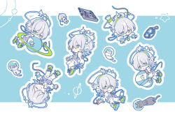  1boy ahoge ak11knk4 blue_background cable cat character_doll chibi chibi_only colorpoint_(pattern) commentary_request doll double-parted_bangs full_body gloves goggles green_eyes green_shoes grey_cat grey_hair hair_between_eyes headphones helmet high_collar highres indie_utaite jacket letterboxed long_sleeves looking_at_object looking_at_viewer male_focus multiple_views outline pants saturn_(planet) shoes short_hair siamese_cat simple_background smile sneakers sou_(utaite) space_helmet two-sided_gloves unworn_goggles utaite white_cat white_jacket white_outline white_pants 