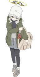  1girl absurdres ame_miya_ta ankle_socks backpack bag baseball_cap black_halo black_pantyhose black_scarf blue_archive blush coat commentary_request double-parted_bangs full_body green_coat green_eyes green_halo grey_hair grey_shoes grey_shorts grey_sweater hair_between_eyes halo hare_(blue_archive) hare_(camp)_(blue_archive) hat highres long_hair long_sleeves looking_at_object official_alternate_costume open_clothes open_coat pantyhose scarf shoes shorts sidelocks simple_background sneakers socks solo standing sweater white_background white_hair white_socks 