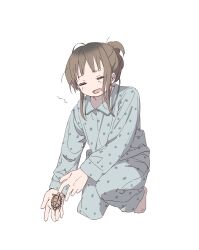  1girl animal_on_hand boro_(tn-boro) brown_hair closed_mouth commentary_request highres kotori_nanaya mahou_shoujo_ikusei_keikaku mahou_shoujo_ikusei_keikaku_limited open_mouth pajamas sleepy tortoise turtle white_background 