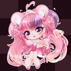  1girl achiiri ahoge animal_ears chibi choker demon_girl demon_horns hair_ornament heart heart-shaped_pupils heart_ahoge heart_hair_ornament heart_hands highres horns indie_virtual_youtuber ironmouse ironmouse_(race_queen) jacket long_hair looking_at_viewer mouse_ears multicolored_hair open_mouth pink_choker pink_hair pink_jacket pointy_ears purple_hair racequeen solo strapless streaked_hair symbol-shaped_pupils tube_top twintails violet_eyes virtual_youtuber white_horns white_tube_top 