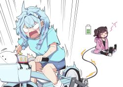  2girls =_= ahoge battery_indicator blank_eyes blue_bow blue_hair blue_shirt blue_shorts bow braid brown_hair closed_mouth commentary_request drawstring emphasis_lines exercise_bike familiar hair_bow hair_ornament hairclip highres hololive hololive_dev_is hood hood_down hooded_jacket jacket lightning_ahoge low_twin_braids mechanical_legs mizumiya_su mizumiya_su_(1st_costume) multicolored_hair multiple_girls no_jacket official_alternate_costume official_alternate_hairstyle open_mouth parallel_hairclips pink_jacket pink_streaks recharging rekio_(mizumiya_su) roboco-san roboco-san_(open_pink_hoodie) robosaa_(roboco) shirt short_sleeves shorts simple_background sitting socks squeans stationary_bicycle streaked_hair t-shirt twin_braids two-tone_hair two_side_up virtual_youtuber white_background white_socks x_hair_ornament yokoshima020 